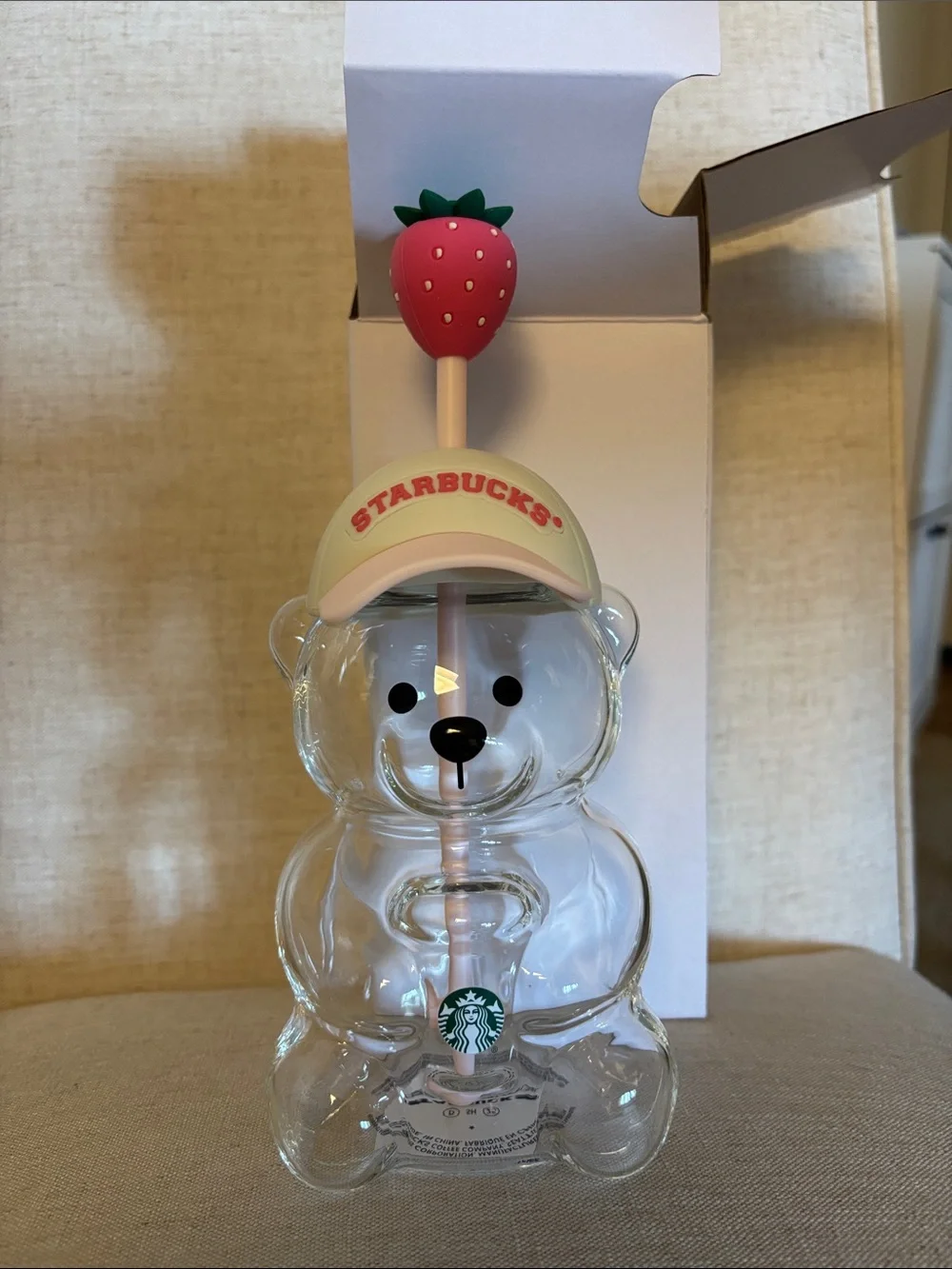 Starbucks Glass Bear Tumbler with Pink Straw and Strawberry Topper